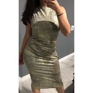 Metallic Gold midi bodycon dress medium NEW